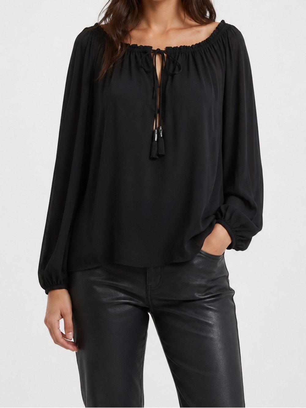 RUDSAK‎ flowy leather tassel semi sheer blouse size medium - black